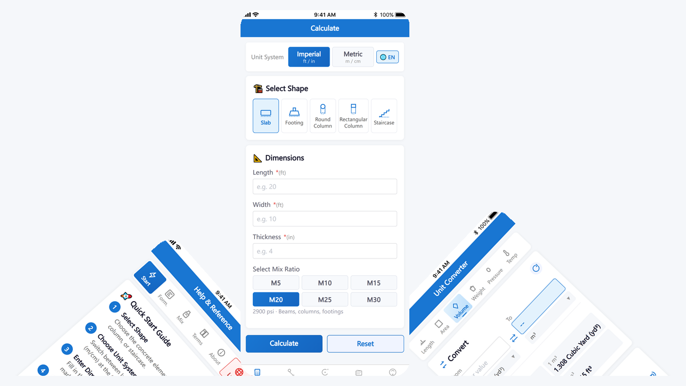 ConcreteCalc Tool Pro app screenshots